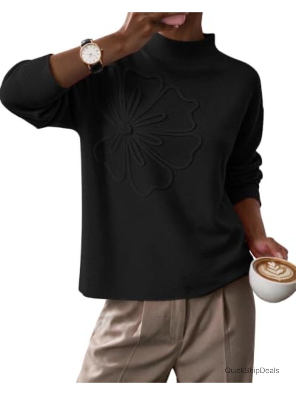 Womens Floral Knit Sweater Mock Neck Pullover Polyester Acrylic Fall Winter
